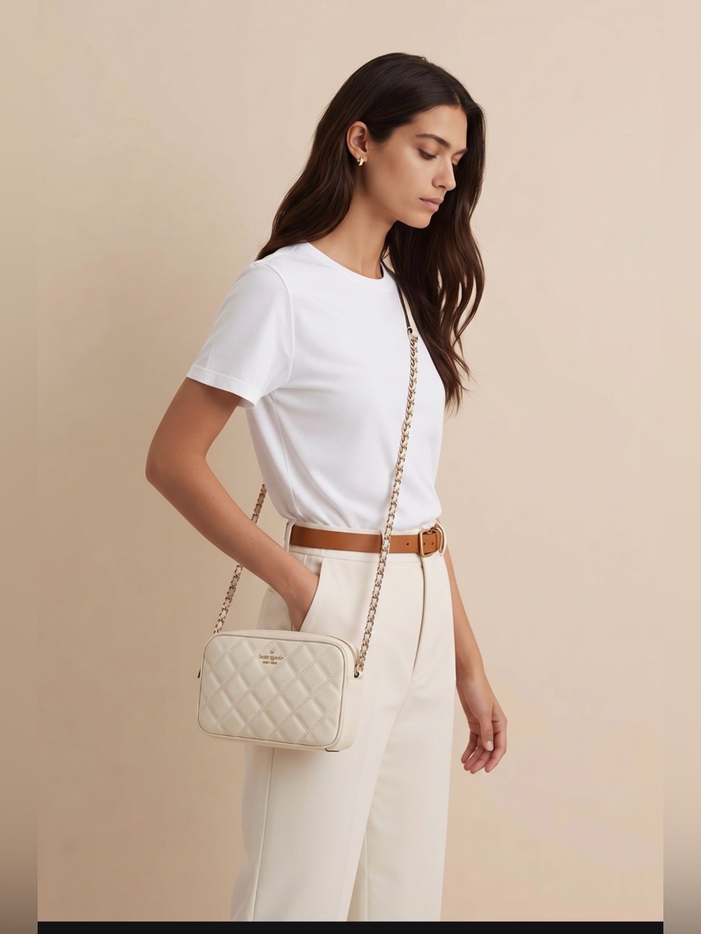 Kate spade Quilted Cream Crossbody Bag with Chain Strap with card holder NWT